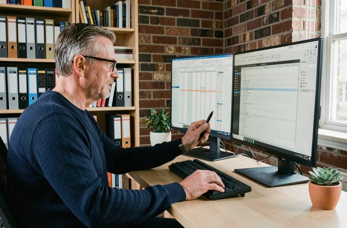 Homme comparant deux tableaux Excel côte à côte sur un écran d'ordinateur dans un bureau à domicile
