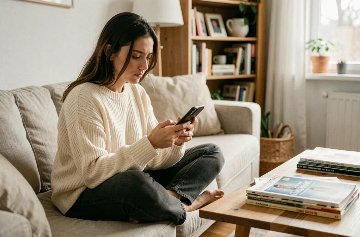 Une jeune femme faisant défiler des publicités ciblées sur son smartphone depuis son canapé à domicile