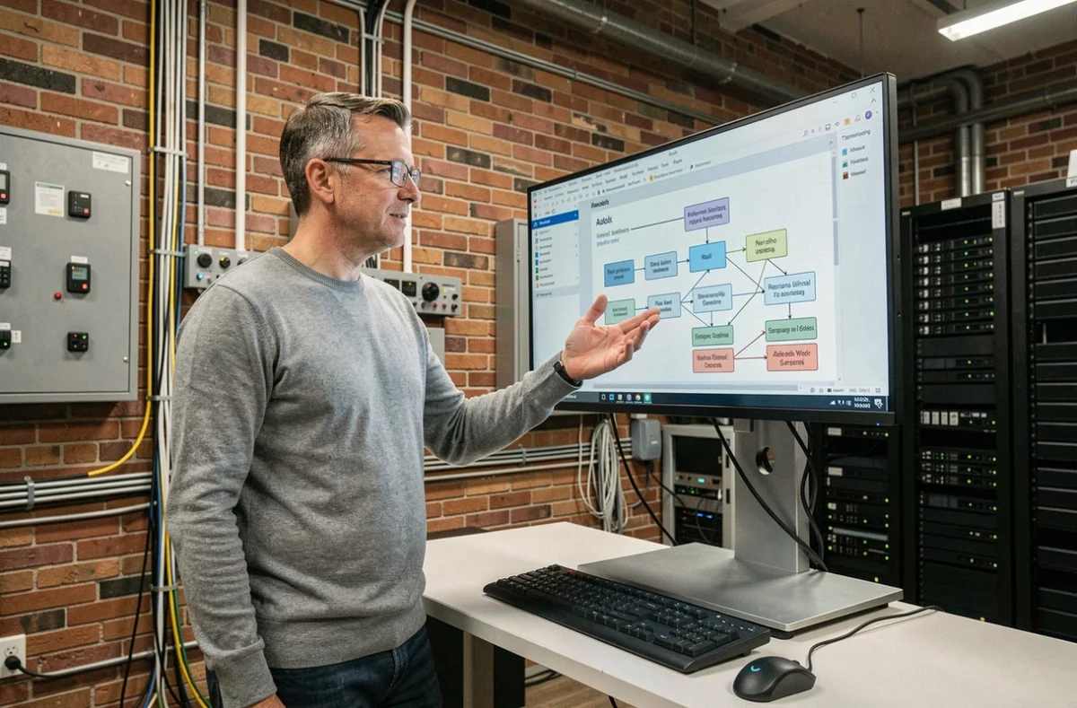 Consultant informatique expliquant un schéma de base de données relationnelle Access sur un grand écran