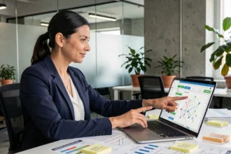 Consultante SEO analysant une stratégie de netlinking sur un tableau de bord numérique dans un bureau moderne
