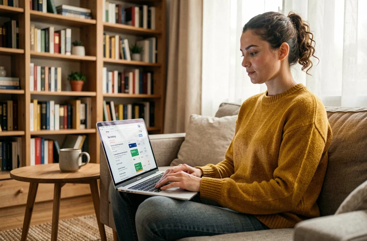 Jeune femme consultante SEO travaillant depuis son bureau à domicile sur les impacts de la mise à jour de l'algorithme Google 2026