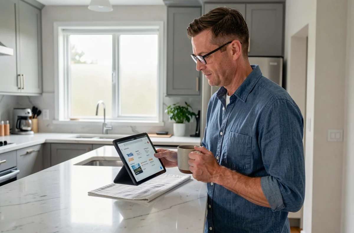 Un homme consultant son agrégateur de flux RSS sur une tablette dans une cuisine moderne