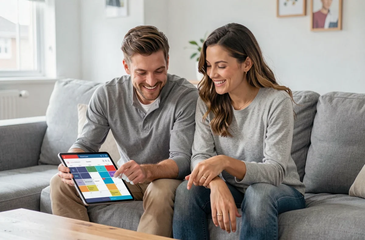 Couple consultant un calendrier partagé sur tablette pour organiser leurs événements communs avec Timetree