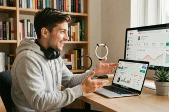 Jeune créateur YouTube analysant ses statistiques d'abonnés et revenus sur un tableau de bord d'analytics