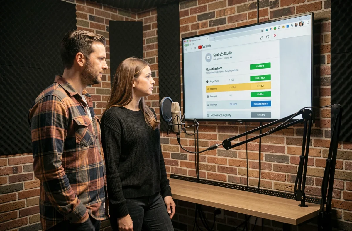 Deux créateurs de contenu en studio examinant les critères de monétisation YouTube et le seuil d'abonnés requis