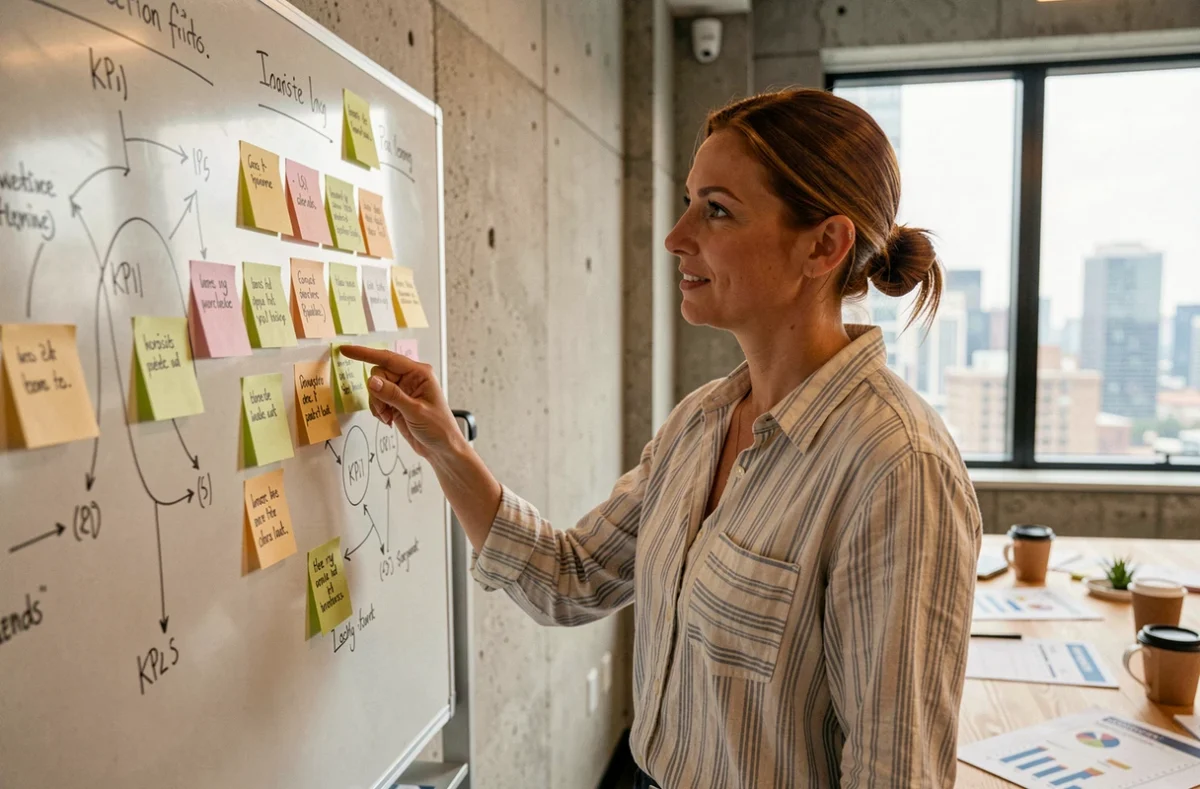 Une designer UX debout devant un tableau blanc couvert de post-its et de cartes de parcours utilisateur dans un espace de travail collaboratif