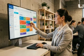 Développeuse utilisant une plateforme low code sur un écran tactile dans un bureau moderne