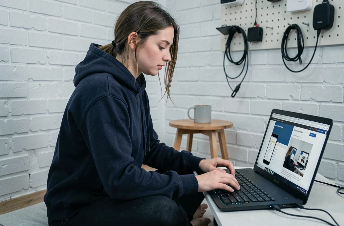 Jeune développeuse web travaillant sur un design responsive depuis son bureau à domicile