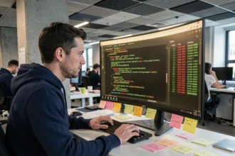 Développeur informatique analysant les résultats de tests unitaires sur un écran de terminal dans un bureau moderne