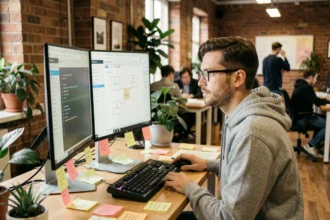Développeur web réfléchissant devant des écrans affichant des wireframes dans un bureau moderne, sans code visible