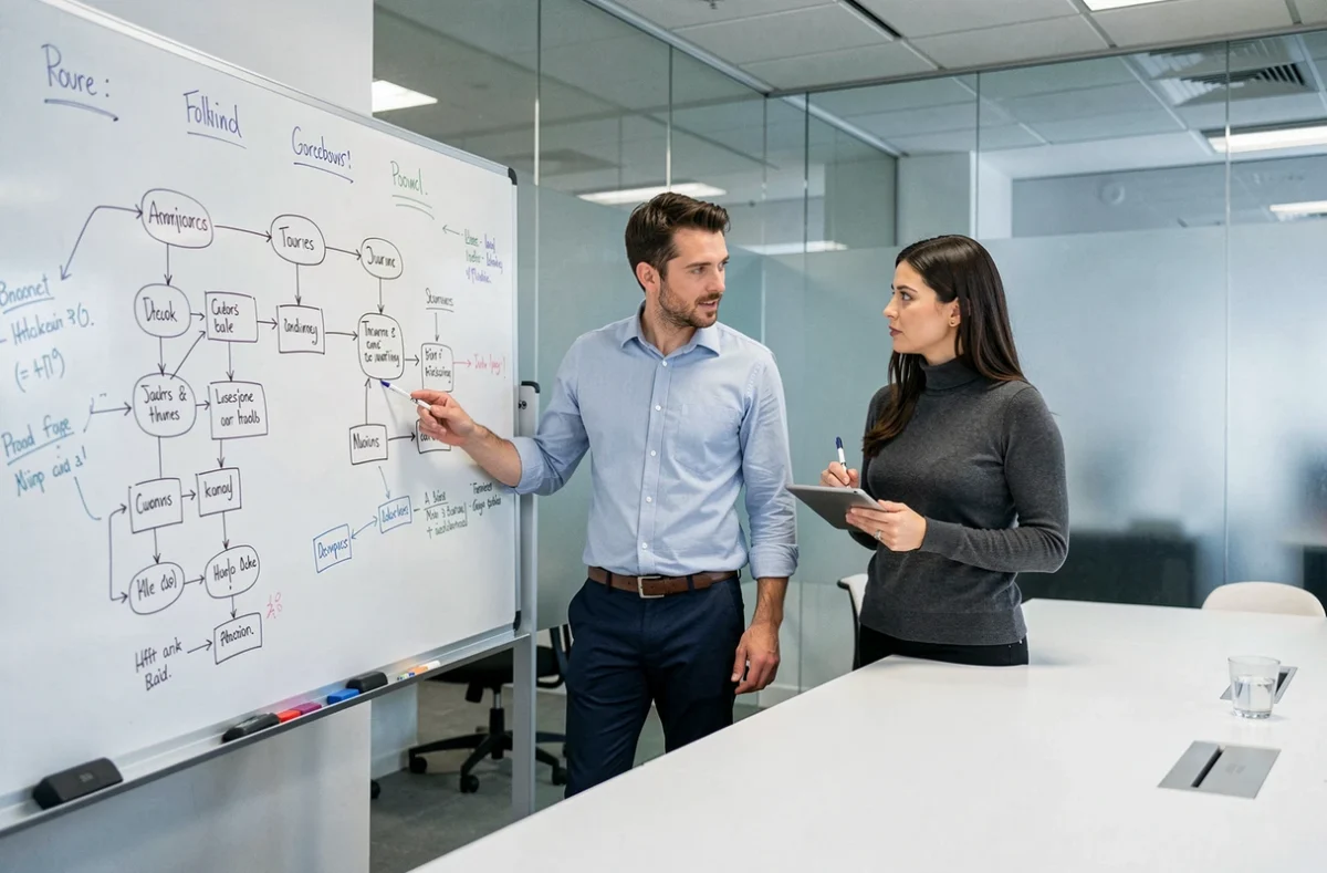 Deux développeurs web collaborant sur des diagrammes au tableau blanc sans écrire de code