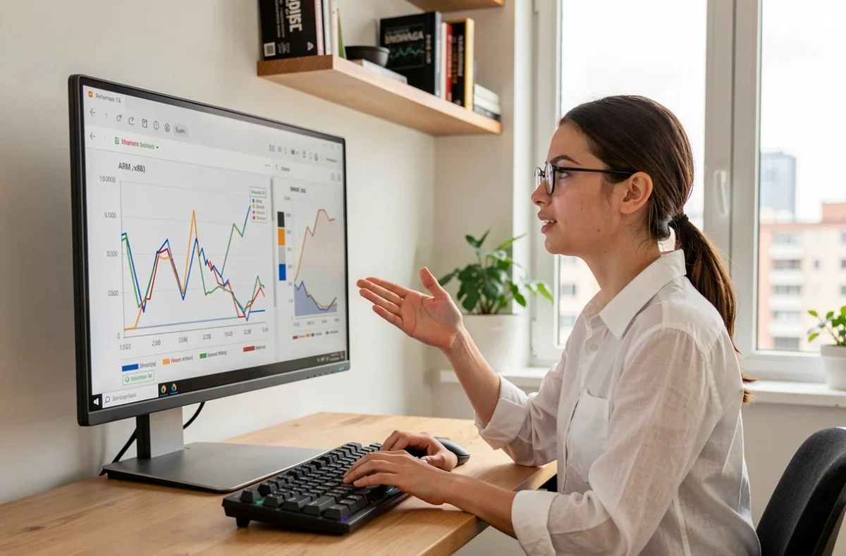 Développeuse analysant un graphique de performances comparatives entre processeurs ARM et x86 dans un bureau à domicile