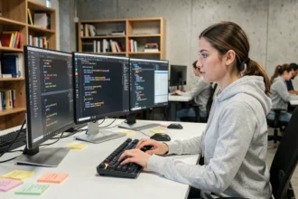 Développeuse jeune femme travaillant sur plusieurs écrans affichant différents langages de programmation dans un bureau tech moderne