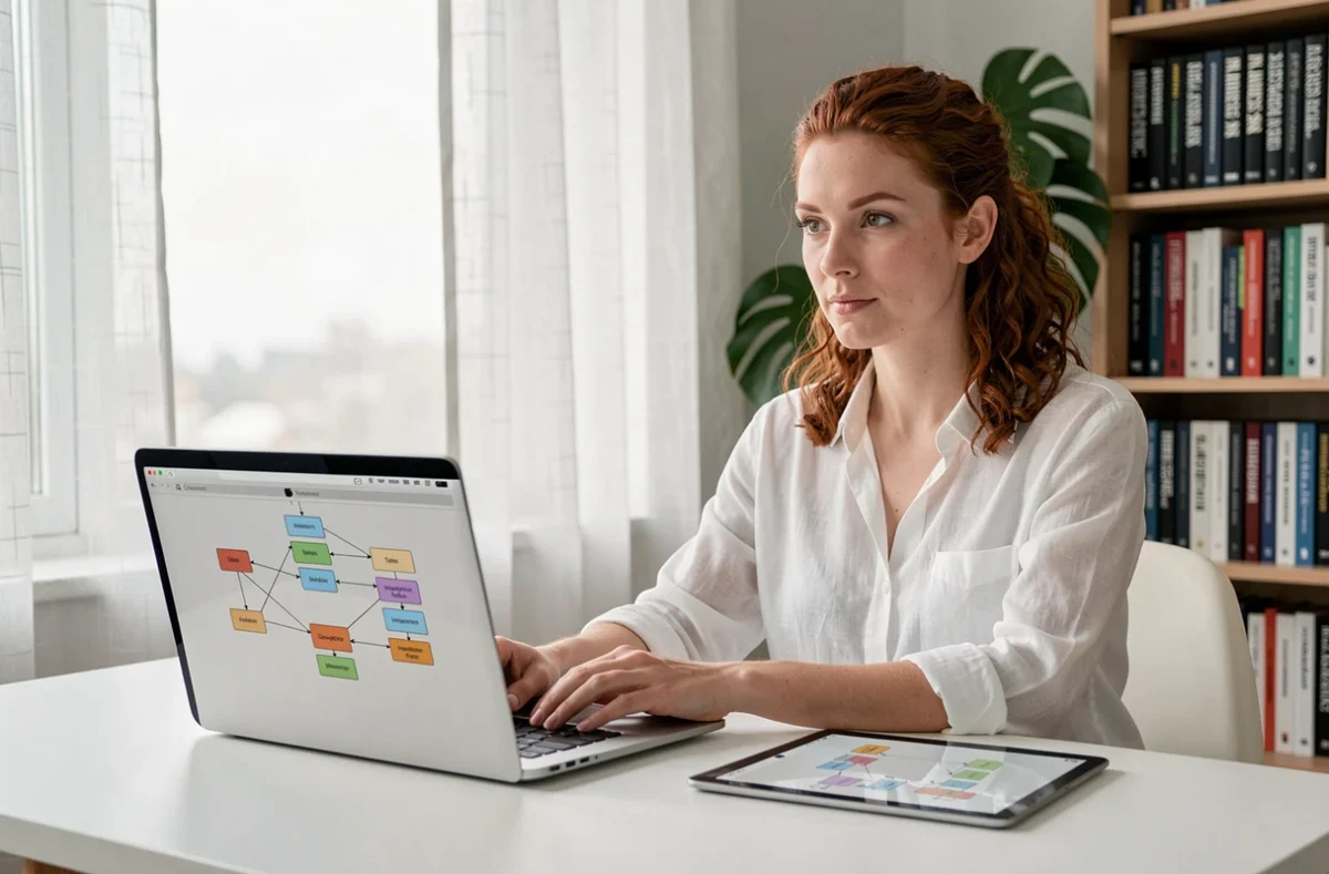 Développeuse travaillant sur des tests d'intégration avec un diagramme de pipeline affiché sur tablette dans un bureau à domicile