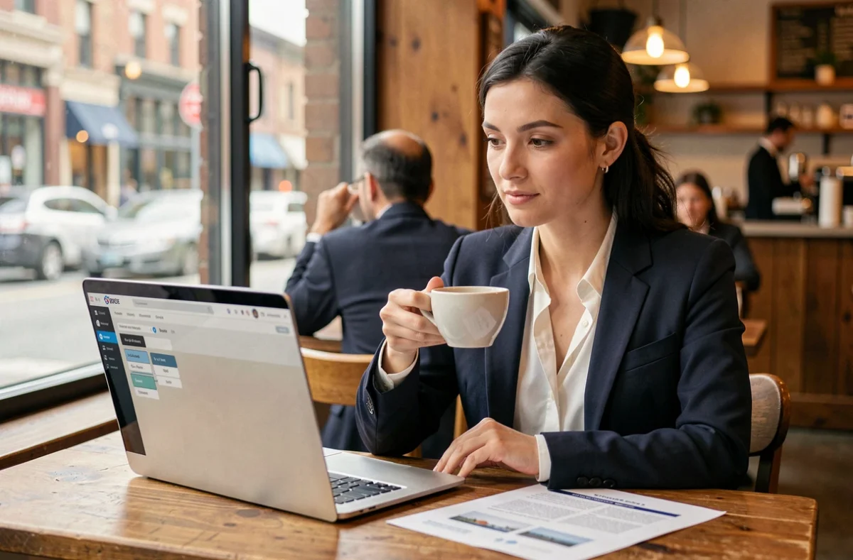 Développeuse web utilisant un outil no-code dans un café, analysant un brief de projet imprimé