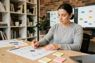 Femme professionnelle expliquant la différence entre un lien et un backlink à l'aide de diagrammes imprimés sur un bureau en bois dans un espace de coworking moderne