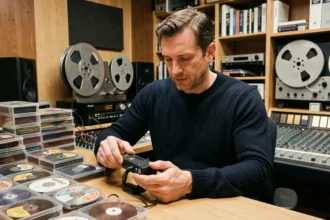 Ingénieur du son manipulant un enregistreur DAT numérique dans un studio d'enregistrement professionnel