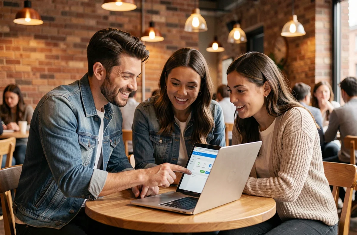 Une équipe de professionnels collabore autour d'un logiciel CRM dans un espace de travail informel, représentant différents modèles de relation client
