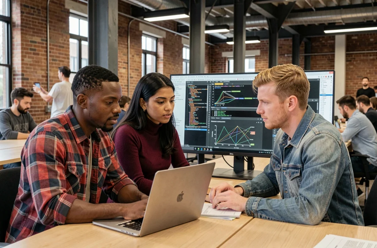 Équipe de développeurs collaborant sur un débogage Kubernetes dans un espace de coworking moderne
