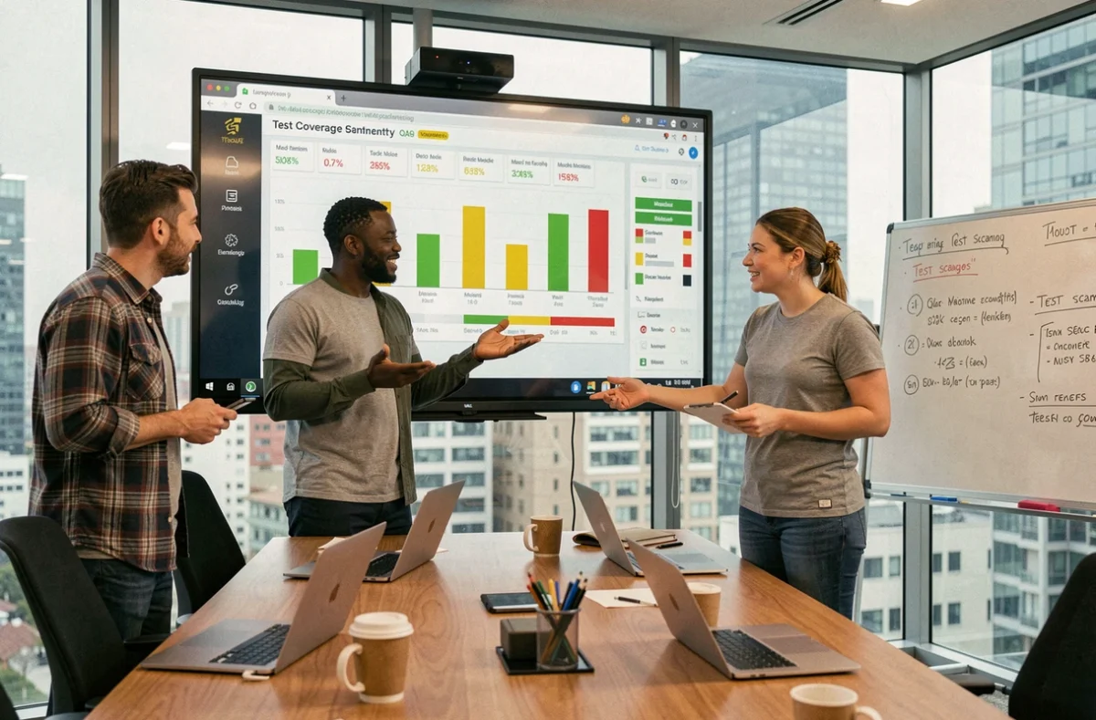 Équipe de testeurs QA en réunion devant un tableau de bord de couverture de tests logiciels dans une salle de conférence moderne