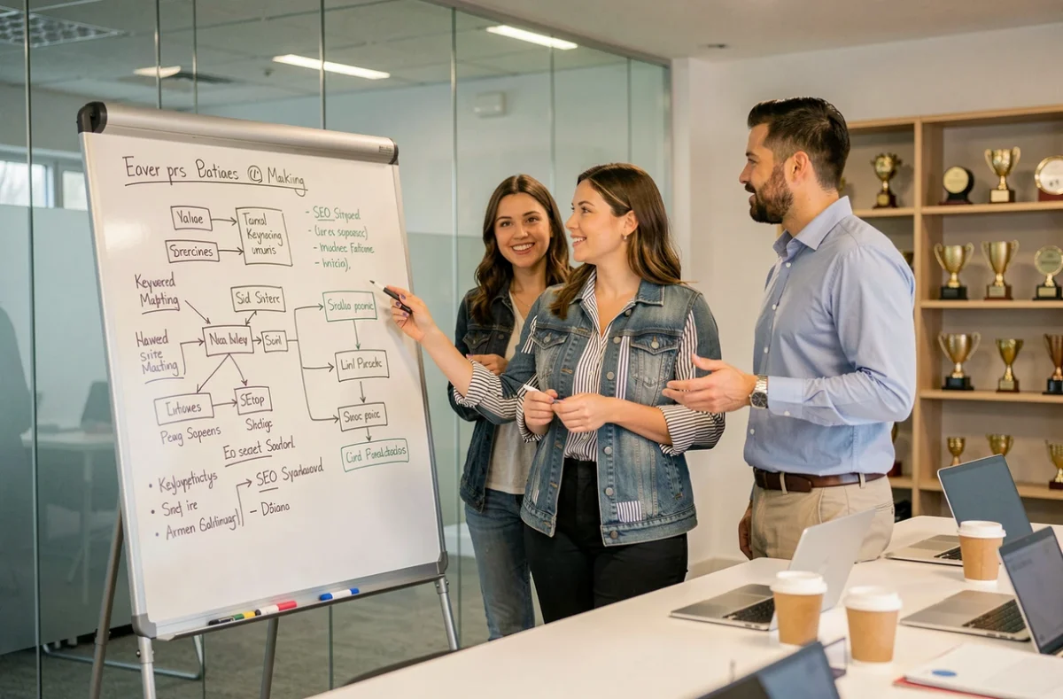 Une équipe de professionnels du marketing digital collabore autour d'un tableau blanc avec des diagrammes de stratégie SEO et des plans de mots-clés dans une salle de réunion d'agence moderne