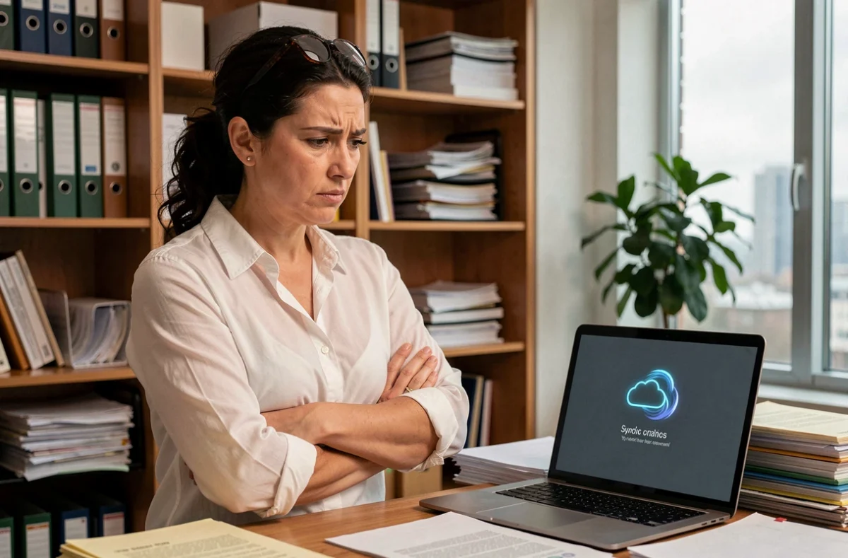 Femme professionnelle frustrée par une erreur de synchronisation cloud sur son ordinateur portable dans un bureau à domicile