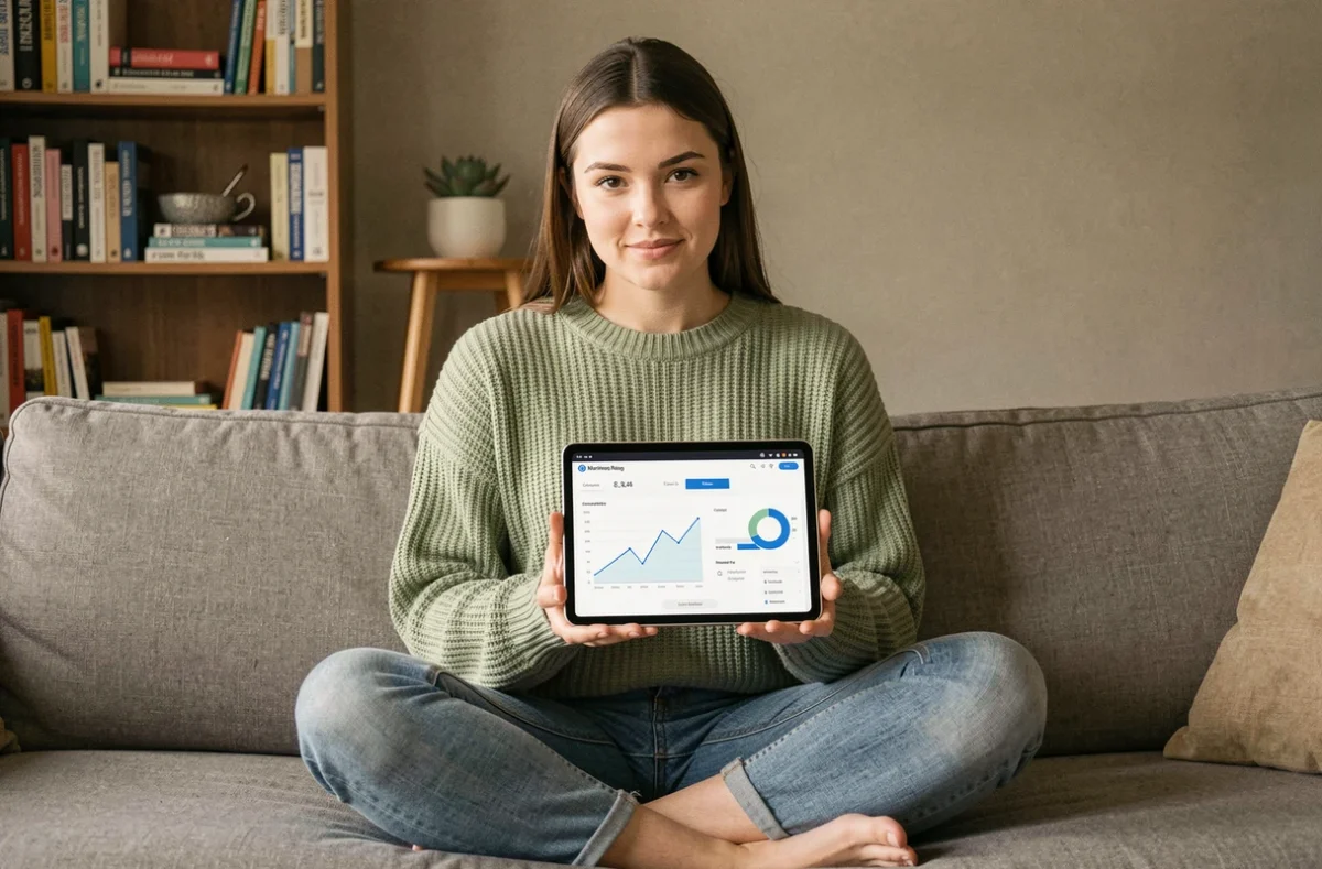 Jeune femme étudiant les types de conversion marketing sur une tablette dans un espace de travail à domicile