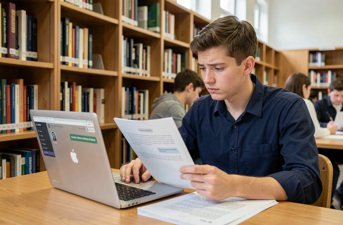 Étudiant universitaire comparant une réponse de ChatGPT avec ses notes de cours dans une bibliothèque