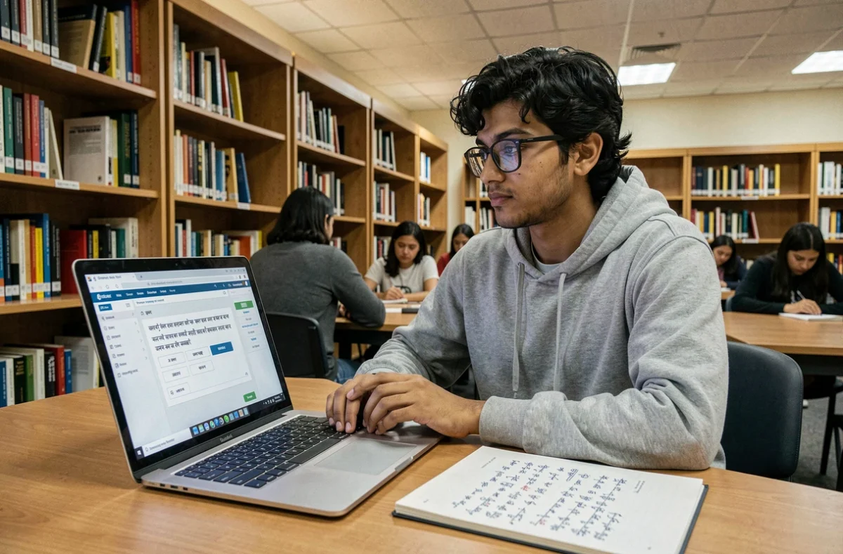 Étudiant convertissant de l'écriture manuscrite hindi en texte numérique sur ordinateur portable en bibliothèque