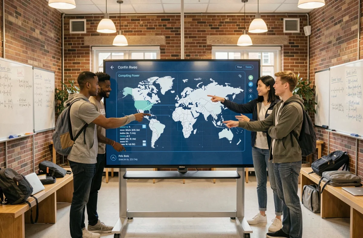Groupe d'étudiants en informatique analysant une carte mondiale des puissances technologiques sur un écran interactif dans une université américaine