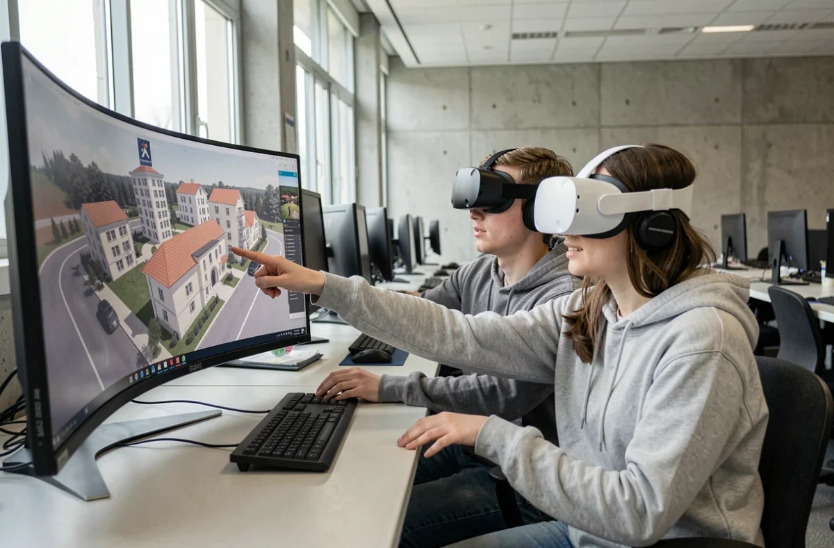 Deux étudiants universitaires explorant un environnement 3D en réalité virtuelle et augmentée dans une salle informatique