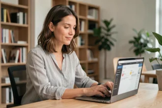 Femme utilisant un ordinateur portable avec une interface intuitive dans un bureau moderne, illustrant une bonne expérience utilisateur numérique