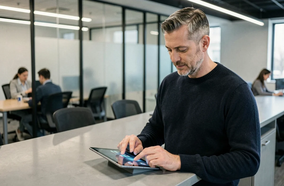 Homme interagissant avec une tablette dans un espace de coworking moderne, représentant une interface bien conçue et une expérience utilisateur fluide