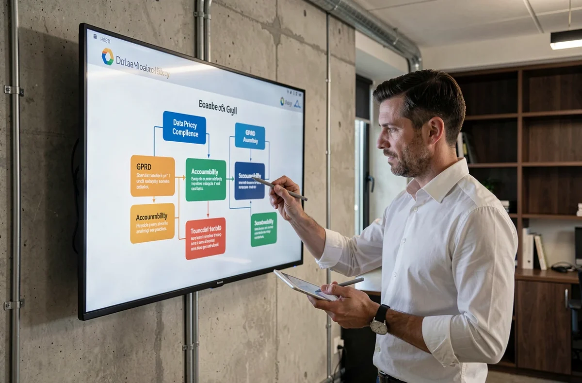 Expert en protection des données présentant un cadre de conformité RGPD sur un écran mural dans un bureau technologique