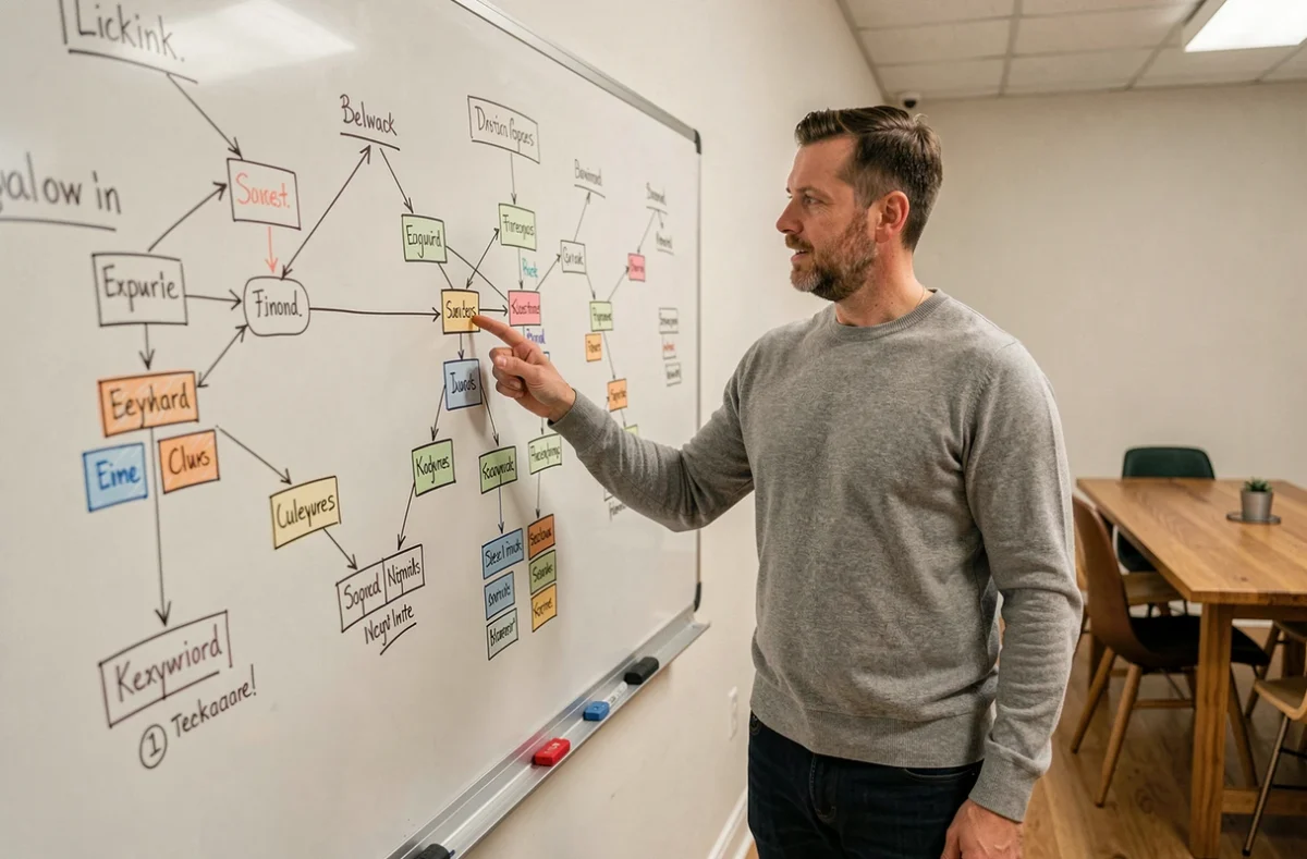 Expert en SEA expliquant une stratégie de netlinking devant un tableau blanc dans un espace de travail collaboratif
