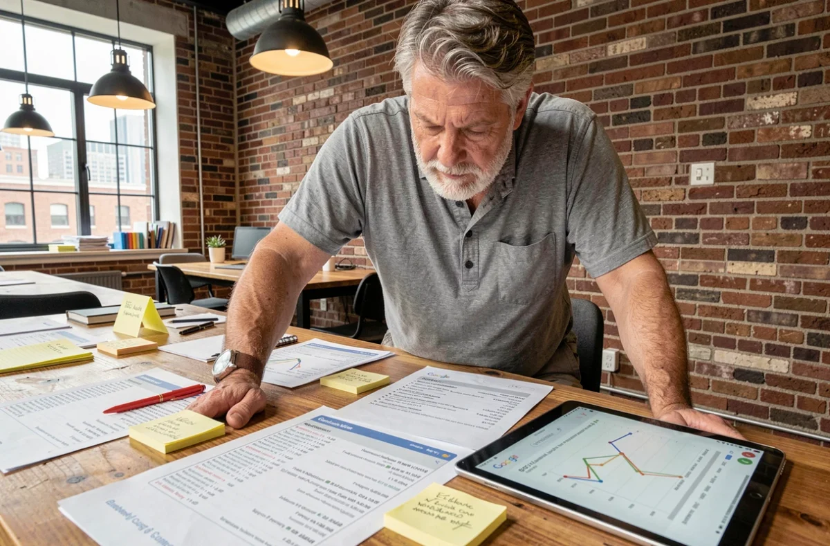 Expert SEO masculin examinant des rapports d'audit et des graphiques de fluctuation de classement Google sur une tablette dans un espace de coworking