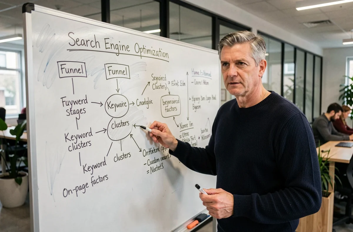 Expert en référencement naturel expliquant les concepts SEO sur un tableau blanc en espace de coworking