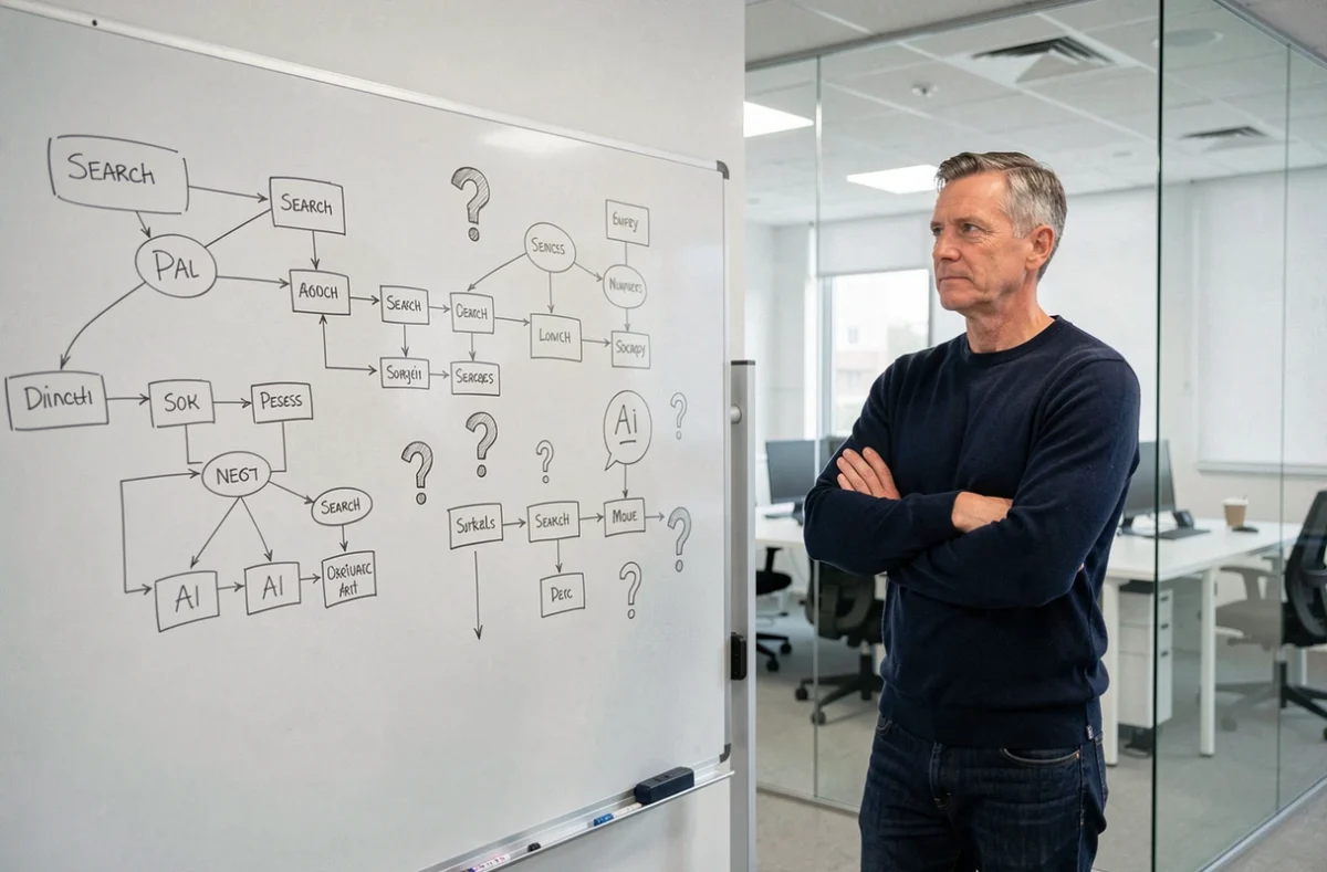 Un expert en stratégie numérique réfléchit devant un tableau blanc rempli de schémas sur l'évolution des algorithmes de recherche et l'avenir du SEO