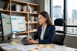 Une experte en référencement naturel analyse des données SEO sur ses écrans dans un bureau moderne avec des documents de recherche de mots-clés éparpillés sur le bureau