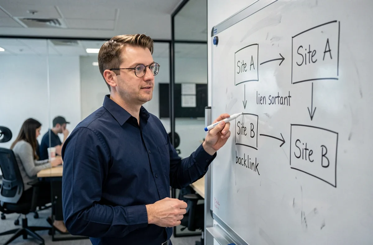 Spécialiste en marketing digital présentant le concept de lien sortant et de backlink sur un tableau blanc dans un bureau d'agence SEO