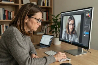 Femme analysant une image manipulée sur un écran d'ordinateur dans un bureau à domicile