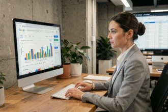 Professionnelle analysant les résultats de recherche Google sur un écran d'ordinateur avec des graphiques SEO