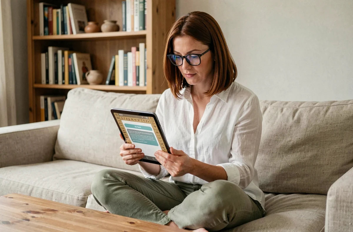 Femme lisant une interface d'assistant IA Enki sur une tablette dans un salon chaleureux