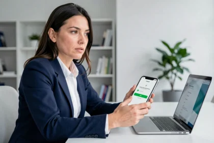 Femme en blazer navy consultant un code d'authentification à deux facteurs sur son smartphone au bureau