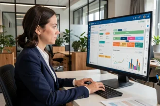 Professionnelle utilisant un logiciel d'automatisation marketing sur un écran dans un bureau moderne