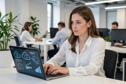 Femme professionnelle travaillant sur un ordinateur portable avec des icônes de cloud computing dans un bureau moderne