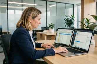 Femme professionnelle comparant Excel et Access sur deux écrans d'ordinateur dans un bureau moderne