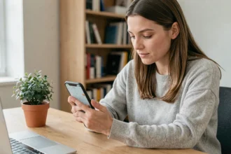 Femme utilisant l'application de calendrier partagé Timetree sur son smartphone dans un bureau à domicile