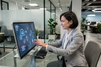 Femme professionnelle travaillant sur une interface de cloud computing dans un bureau moderne avec écran de réseau interconnecté