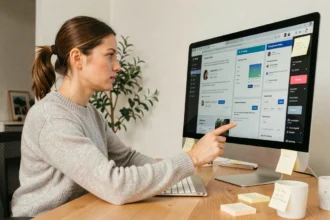 Femme comparant différents outils de création de site web sur un ordinateur dans un bureau moderne